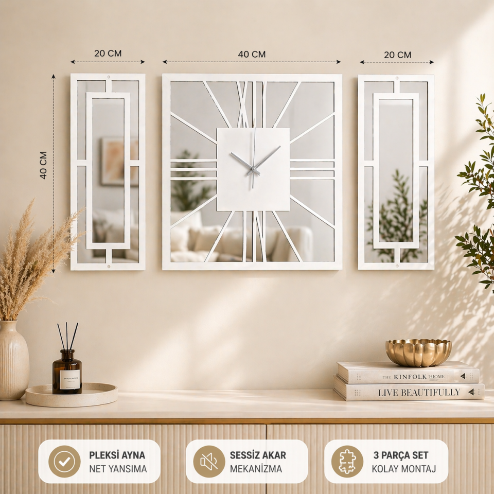 3 Parça Pleksi Aynalı Dekoratif Duvar Saati Seti 40 Cm Saat + 20x40 Cm Paneller Beyaz MDF
