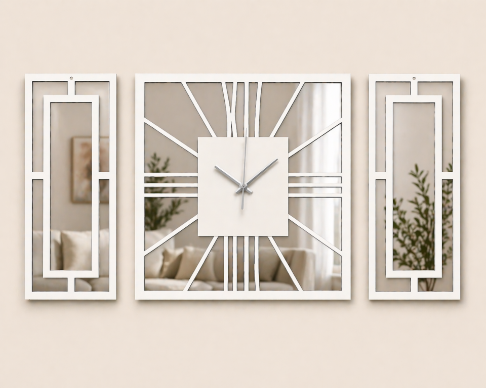 3 Parça Pleksi Aynalı Dekoratif Duvar Saati Seti 40 Cm Saat + 20x40 Cm Paneller Beyaz MDF