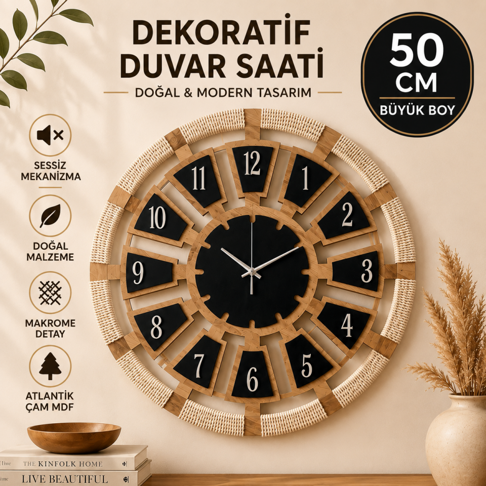 50 Cm Makrome Detaylı Dekoratif Duvar Saati