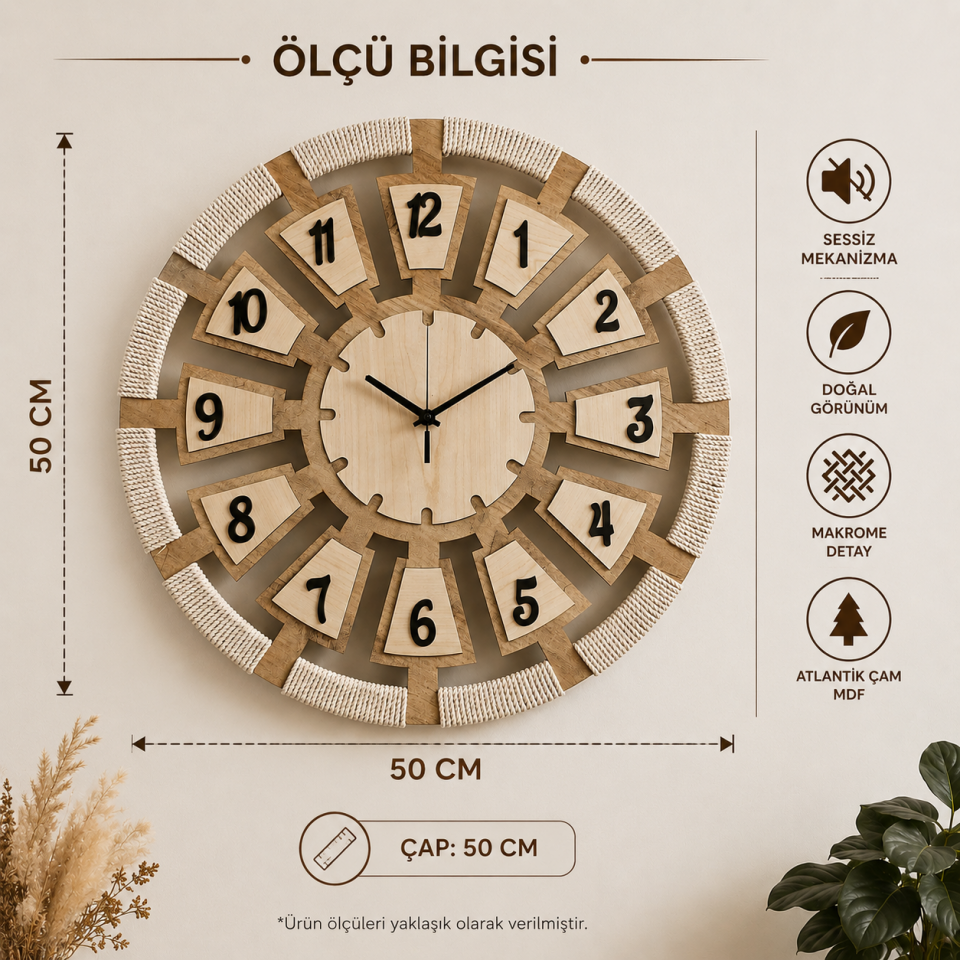 50 Cm Makrome Detaylı Dekoratif Duvar Saati