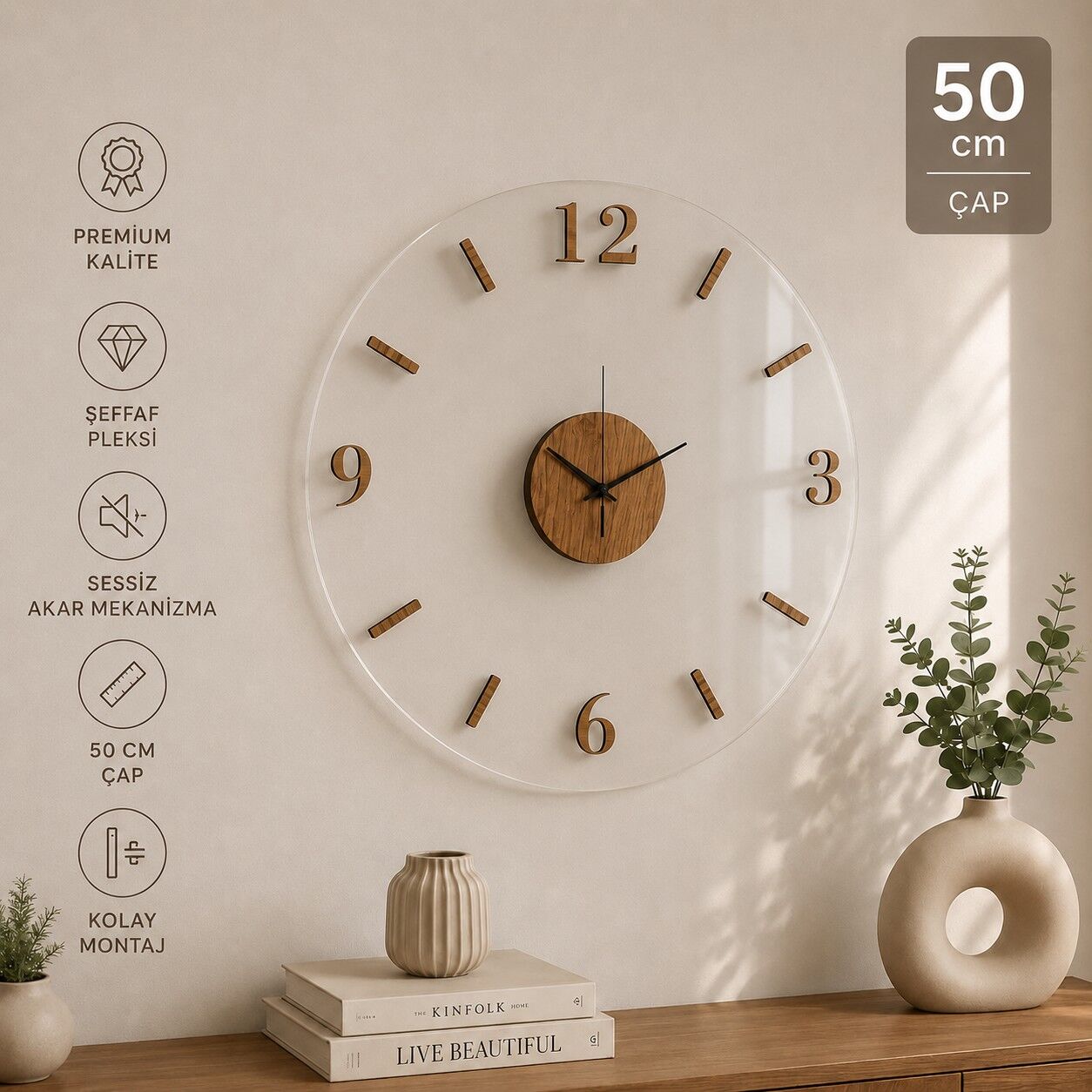 Şeffaf Pleksi Duvar Saati – Modern ve Minimal Tasarım