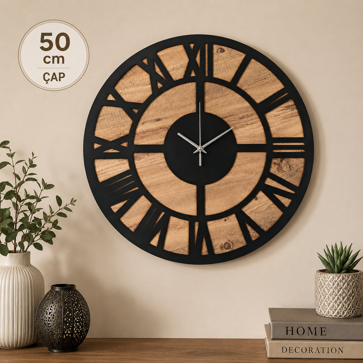 50 cm Roma Rakamlı Dekoratif Duvar Saati | Ahşap Desenli Siyah MDF | Ergeç Tasarım
