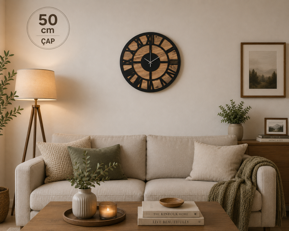 50 cm Roma Rakamlı Dekoratif Duvar Saati | Ahşap Desenli Siyah MDF | Ergeç Tasarım