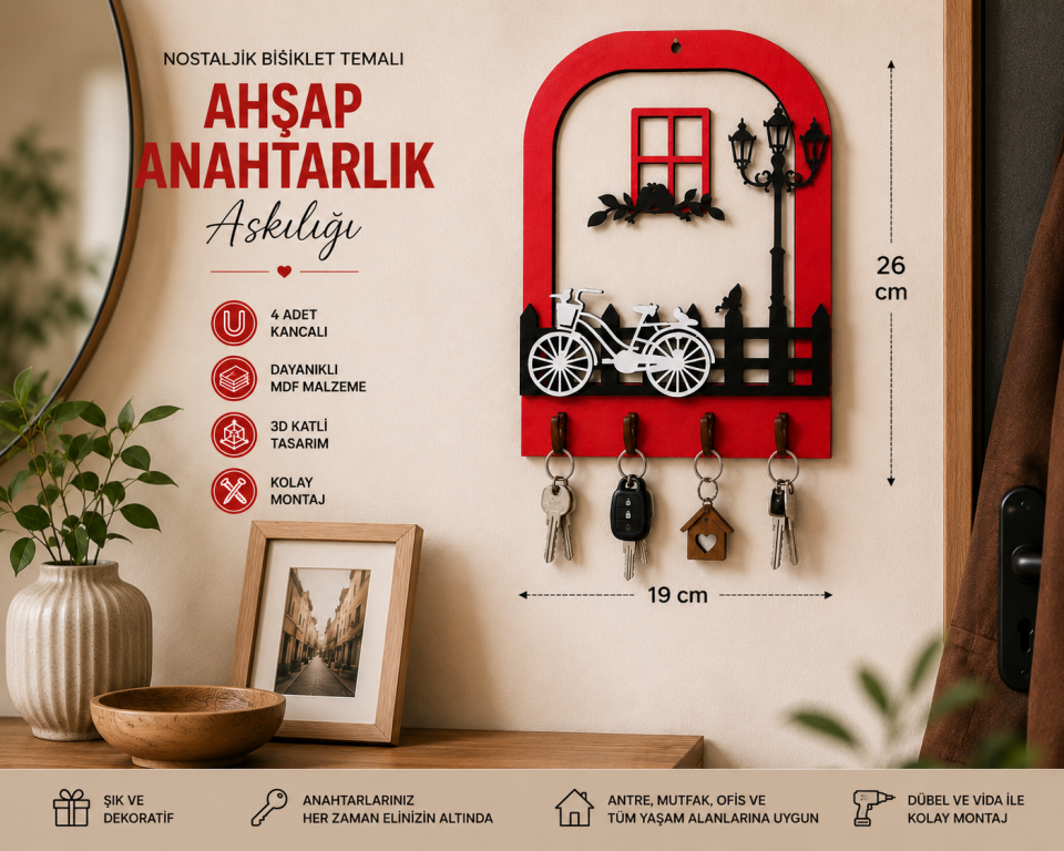 Nostaljik Bisiklet Temalı Ahşap Anahtarlık Askılığı
