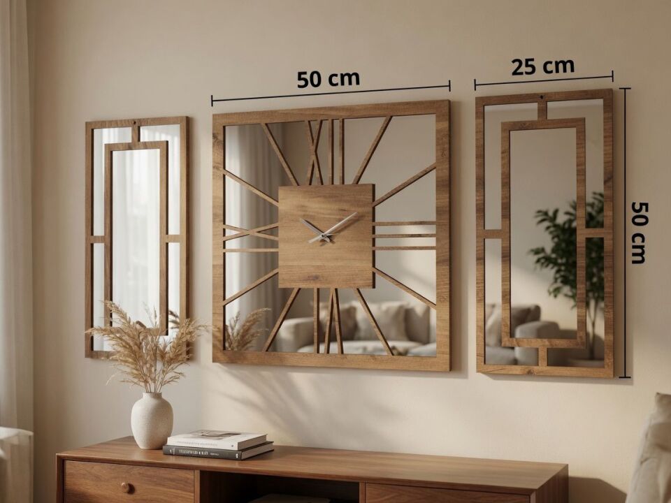Atlantik Çam Ayna Pleksi Dekoratif Duvar Saati Seti – 50x50 cm Saat + 2 Adet 50x25 cm Ayna Pleksi Panel
