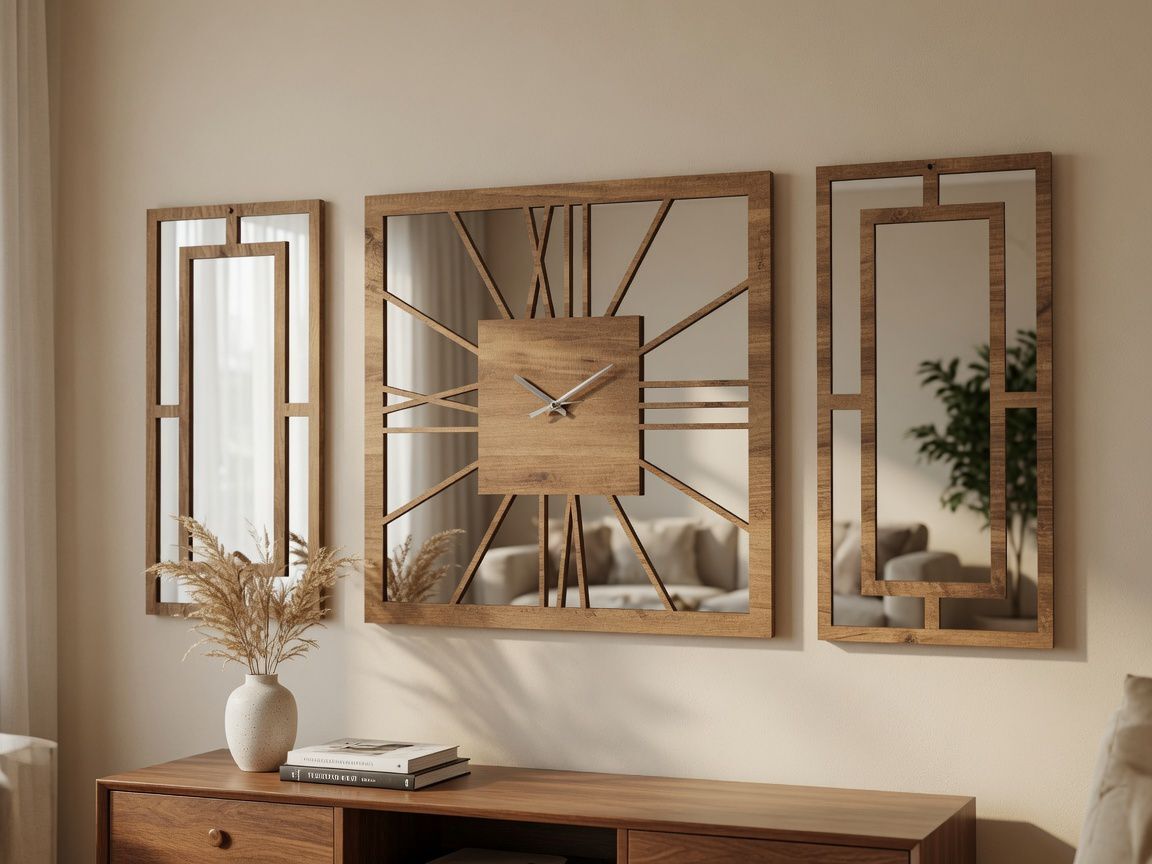 Atlantik Çam Ayna Pleksi Dekoratif Duvar Saati Seti – 50x50 cm Saat + 2 Adet 50x25 cm Ayna Pleksi Panel