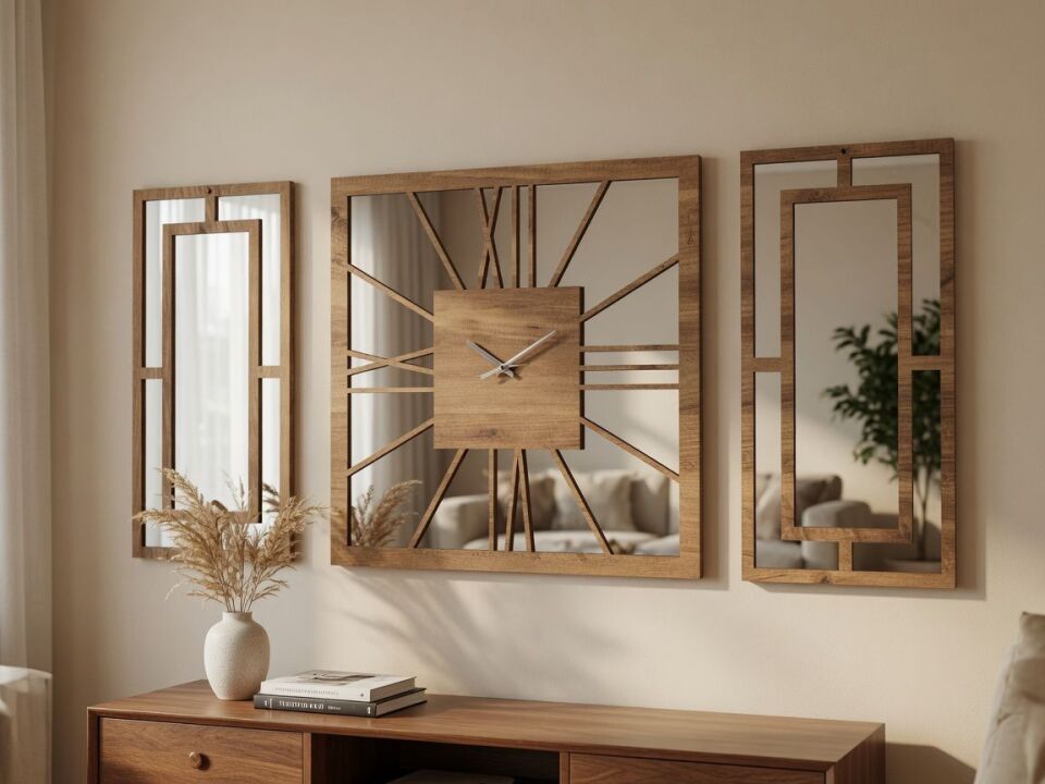 Atlantik Çam Ayna Pleksi Dekoratif Duvar Saati Seti – 50x50 cm Saat + 2 Adet 50x25 cm Ayna Pleksi Panel