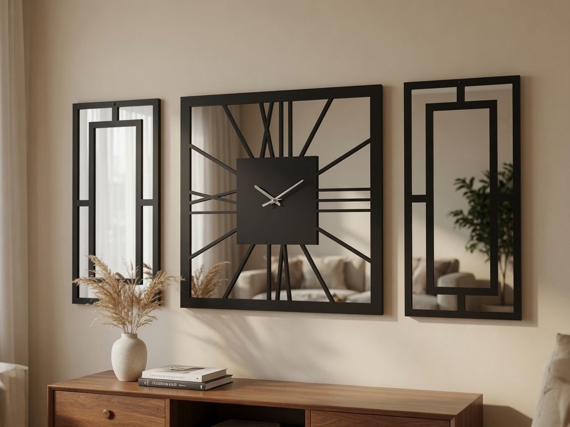 Siyah Dekoratif Duvar Saati Seti – 50x50 cm Saat + 2 Adet 50x25 cm Ayna Pleksi Panel