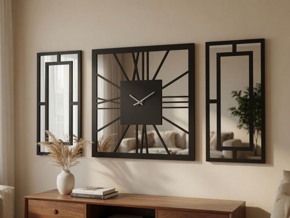 Siyah Dekoratif Duvar Saati Seti – 50x50 cm Saat + 2 Adet 50x25 cm Ayna Pleksi Panel