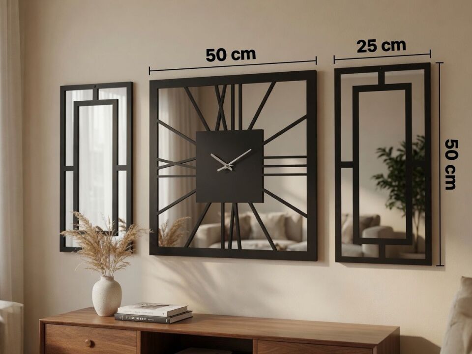 Siyah Dekoratif Duvar Saati Seti – 50x50 cm Saat + 2 Adet 50x25 cm Ayna Pleksi Panel