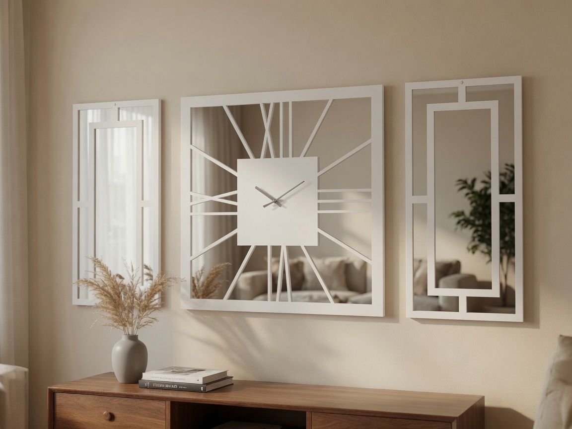 Beyaz Dekoratif Duvar Saati Seti – 50x50 cm Saat + 2 Adet 50x25 cm Ayna Pleksi Panel