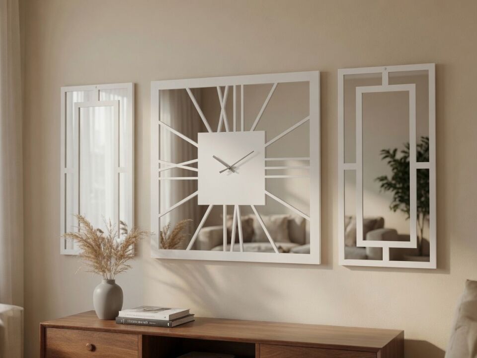 Beyaz Dekoratif Duvar Saati Seti – 50x50 cm Saat + 2 Adet 50x25 cm Ayna Pleksi Panel