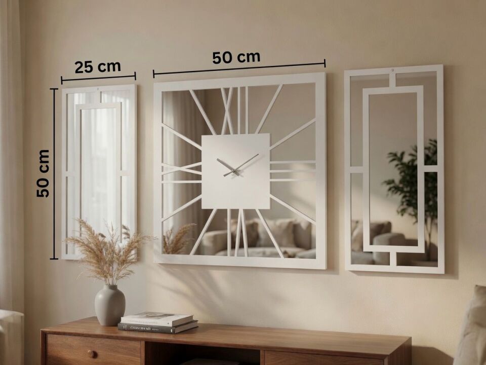 Beyaz Dekoratif Duvar Saati Seti – 50x50 cm Saat + 2 Adet 50x25 cm Ayna Pleksi Panel