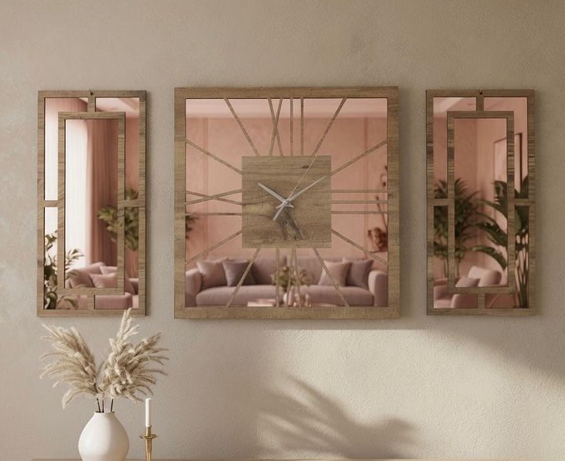 Rose Gold Pleksi Detaylı Dekoratif Duvar Saati ve Panel Seti