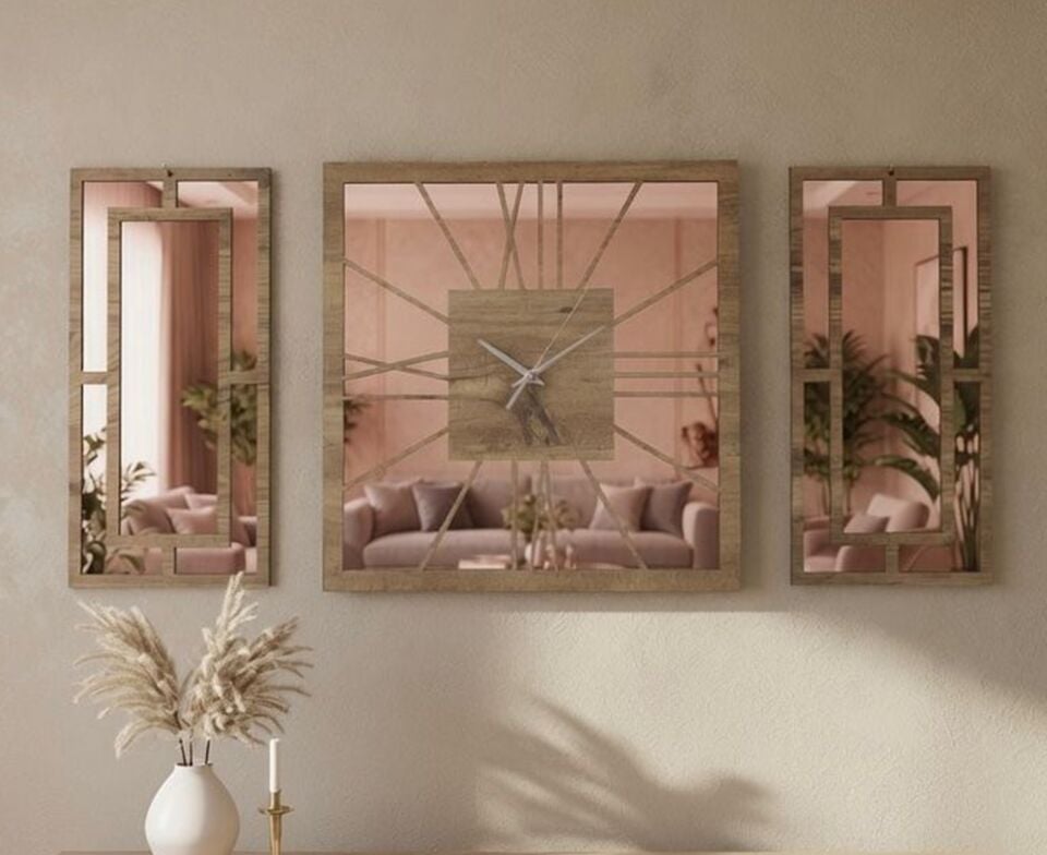 Rose Gold Pleksi Detaylı Dekoratif Duvar Saati ve Panel Seti