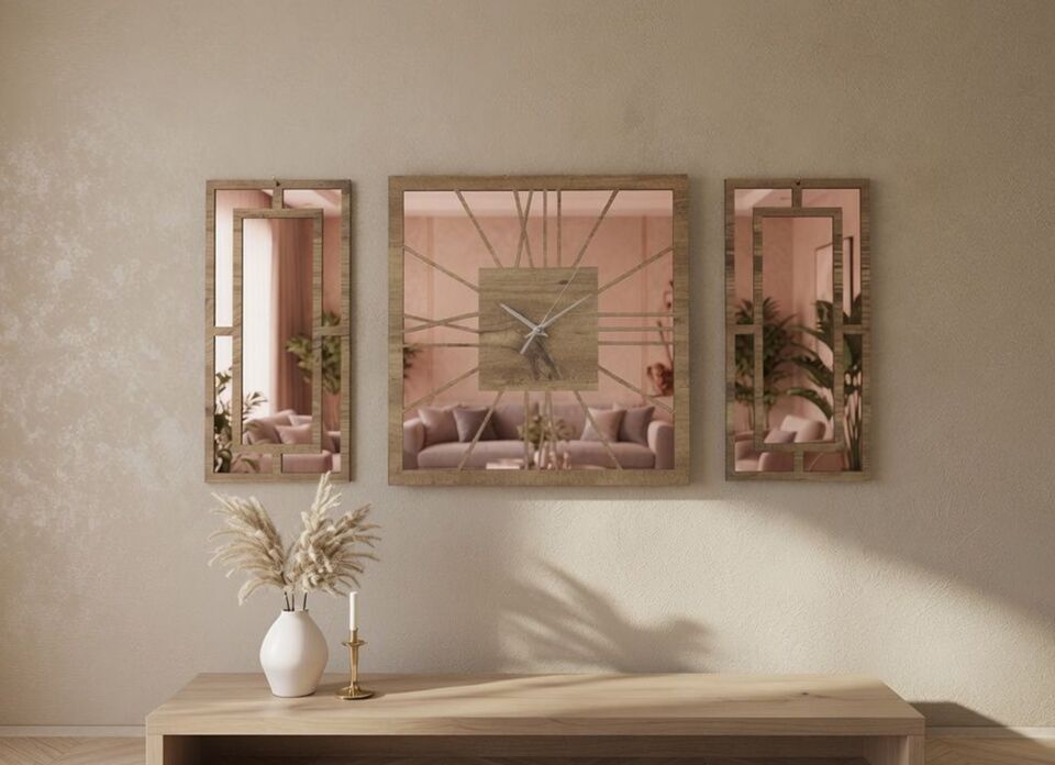 Rose Gold Pleksi Detaylı Dekoratif Duvar Saati ve Panel Seti