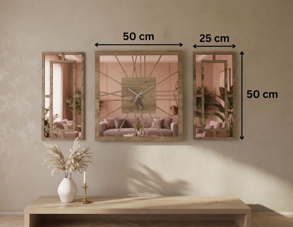 Rose Gold Pleksi Detaylı Dekoratif Duvar Saati ve Panel Seti