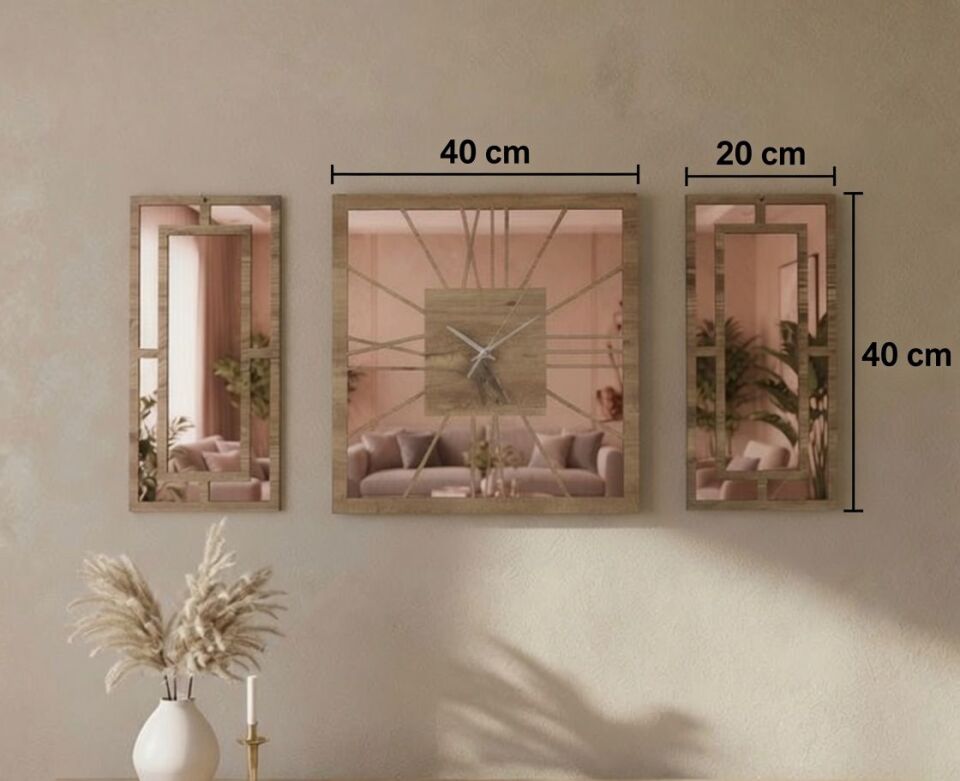 Rose Gold Pleksi Detaylı Dekoratif Duvar Saati Seti – 40x40 cm