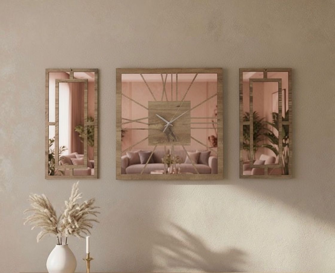 Rose Gold Pleksi Detaylı Dekoratif Duvar Saati Seti – 40x40 cm