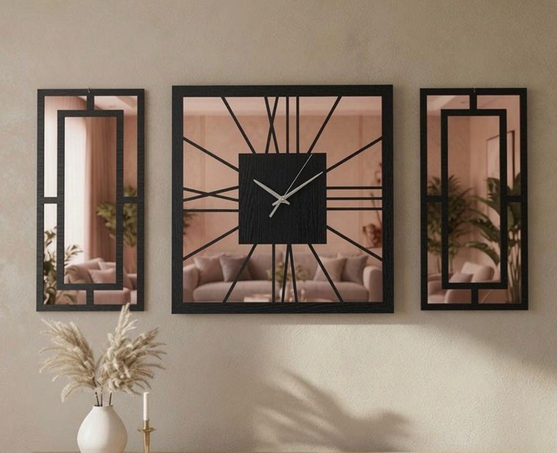 Siyah Rose Gold Pleksi Detaylı Dekoratif Duvar Saati ve Panel Seti