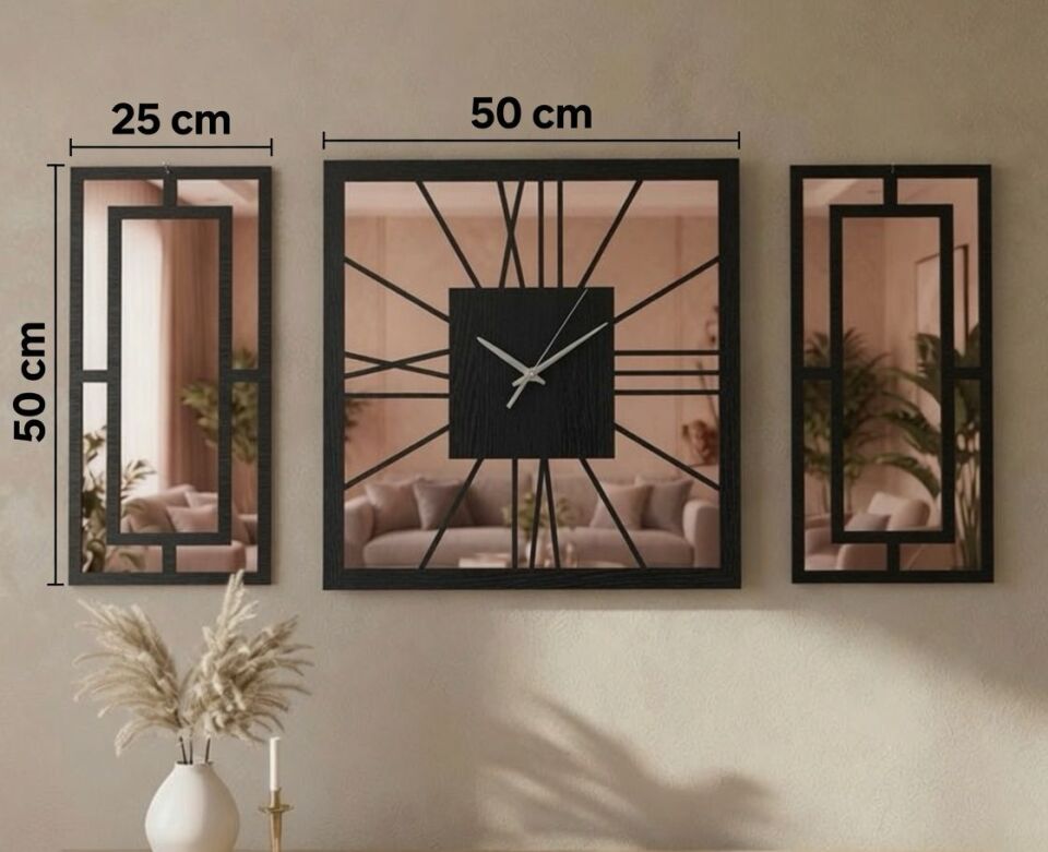 Siyah Rose Gold Pleksi Detaylı Dekoratif Duvar Saati ve Panel Seti