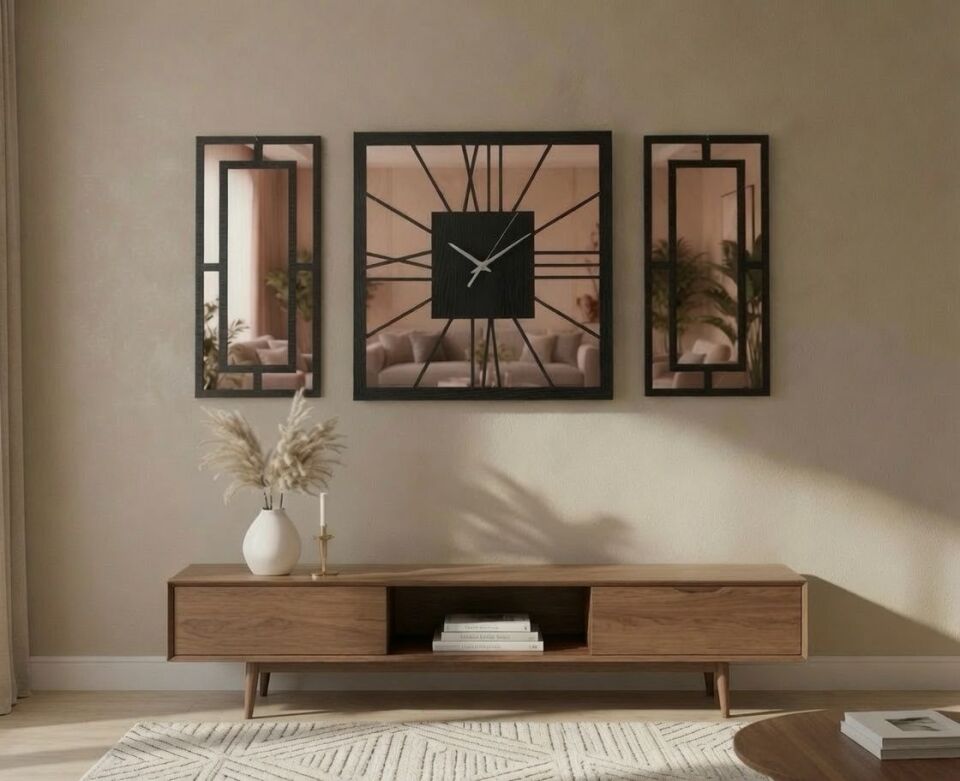 Siyah Rose Gold Pleksi Detaylı Dekoratif Duvar Saati ve Panel Seti