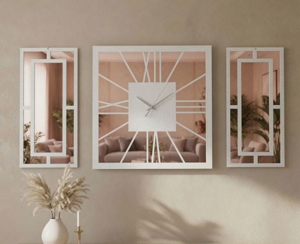 Beyaz Rose Gold Pleksi Detaylı Duvar Saati ve Panel Seti