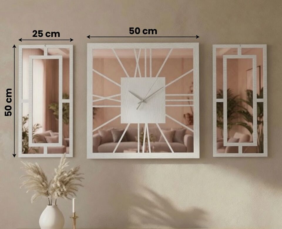 Beyaz Rose Gold Pleksi Detaylı Duvar Saati ve Panel Seti
