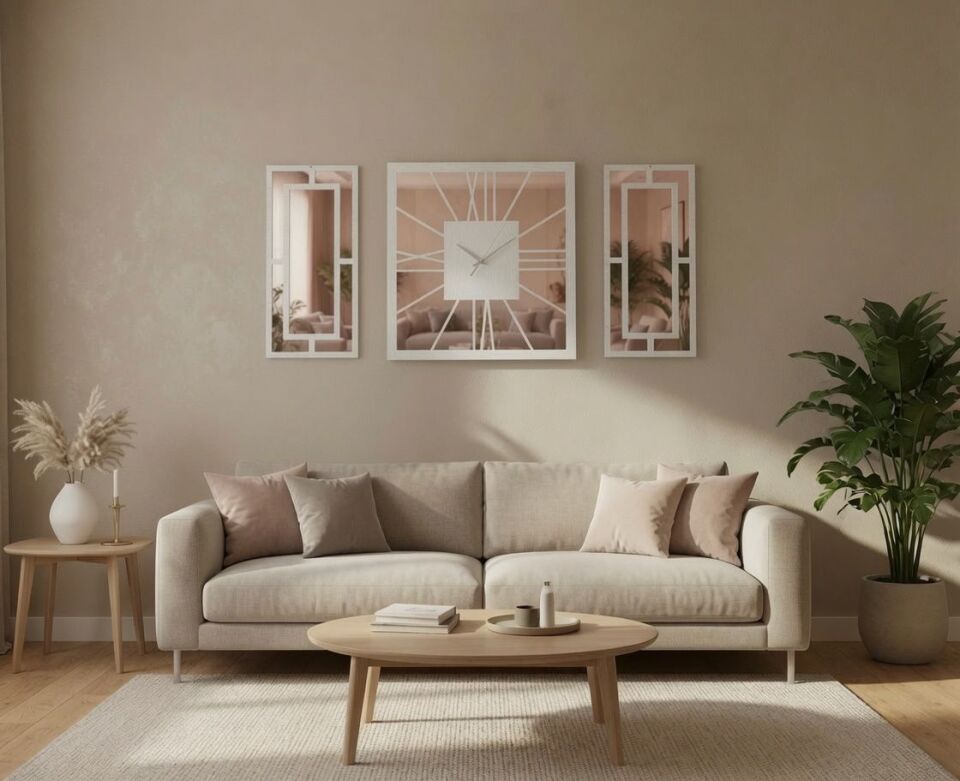 Beyaz Rose Gold Pleksi Detaylı Duvar Saati ve Panel Seti