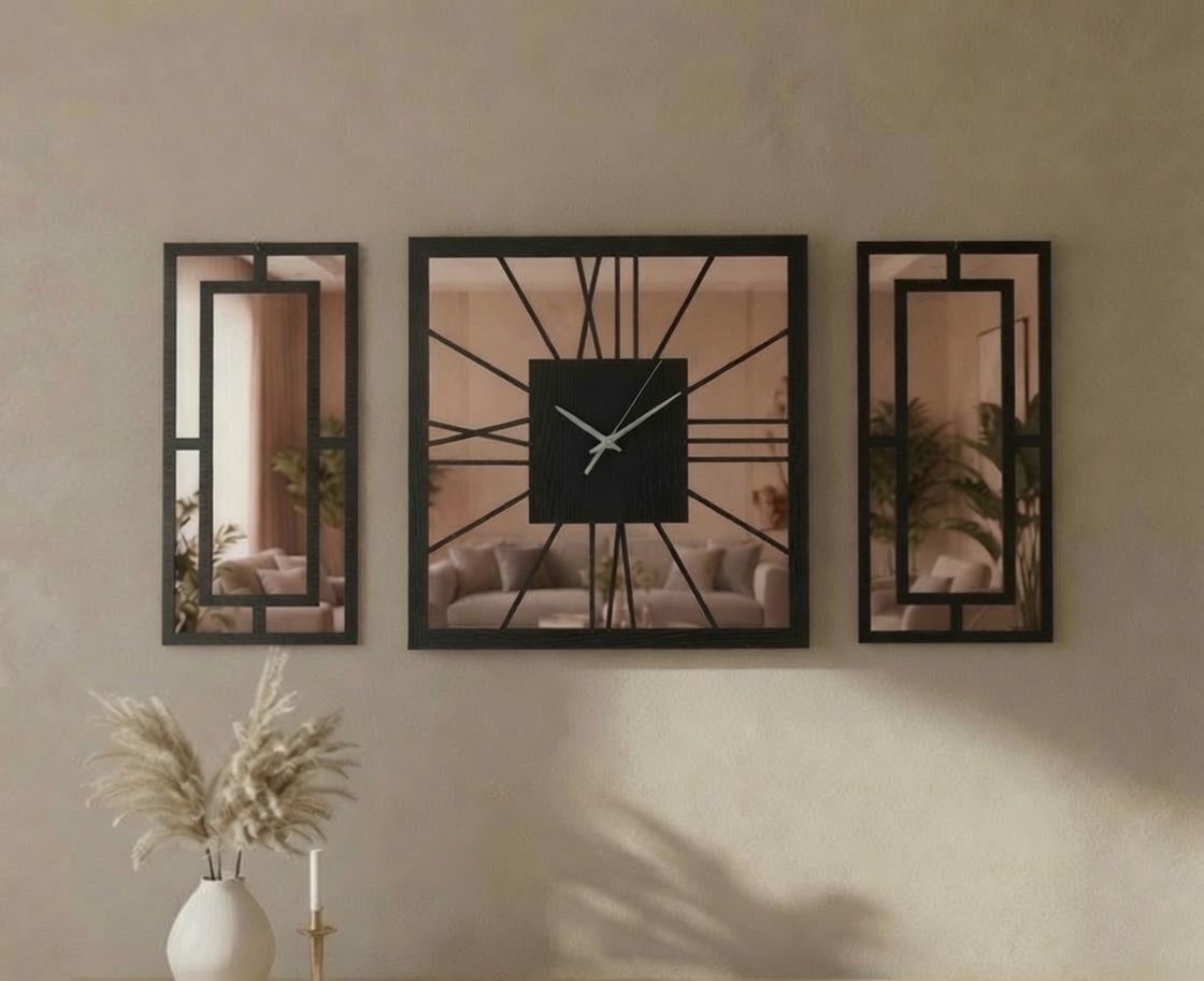 Siyah Rose Gold Aynalı Pleksi Detaylı Dekoratif Duvar Saati ve Panel Seti