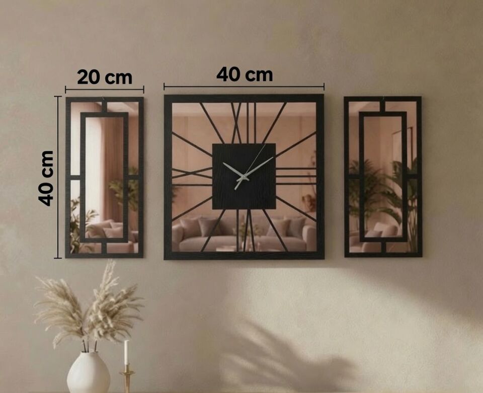 Siyah Rose Gold Aynalı Pleksi Detaylı Dekoratif Duvar Saati ve Panel Seti