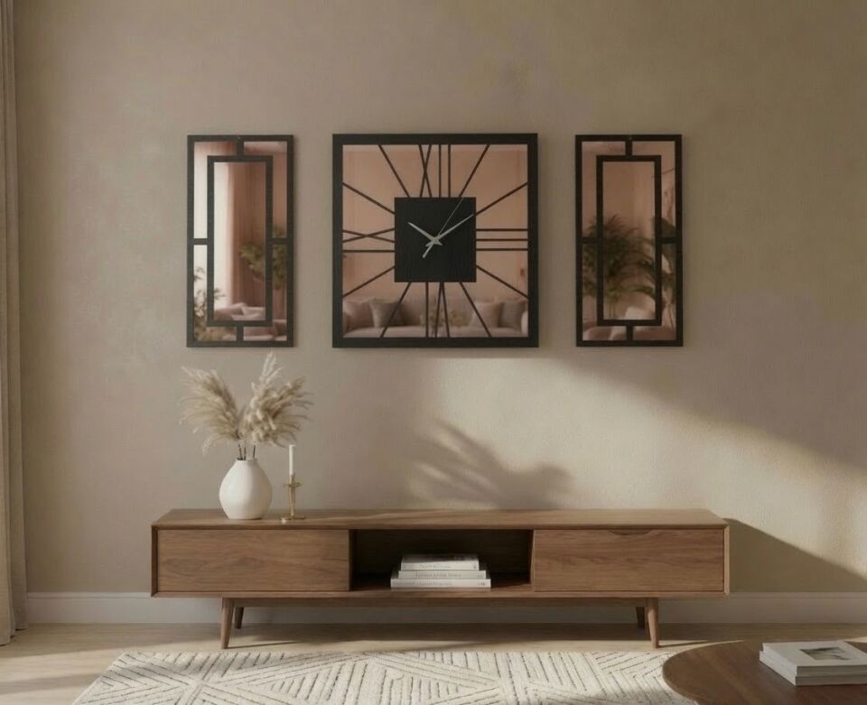 Siyah Rose Gold Aynalı Pleksi Detaylı Dekoratif Duvar Saati ve Panel Seti