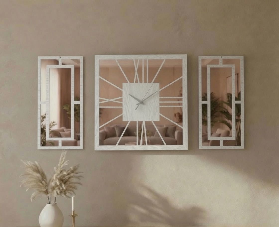 Beyaz Rose Gold Ayna Pleksi Detaylı Dekoratif Duvar Saati ve Panel Seti – 3 Parça | 40 cm Saat + 2 Adet 20x40 cm Panel