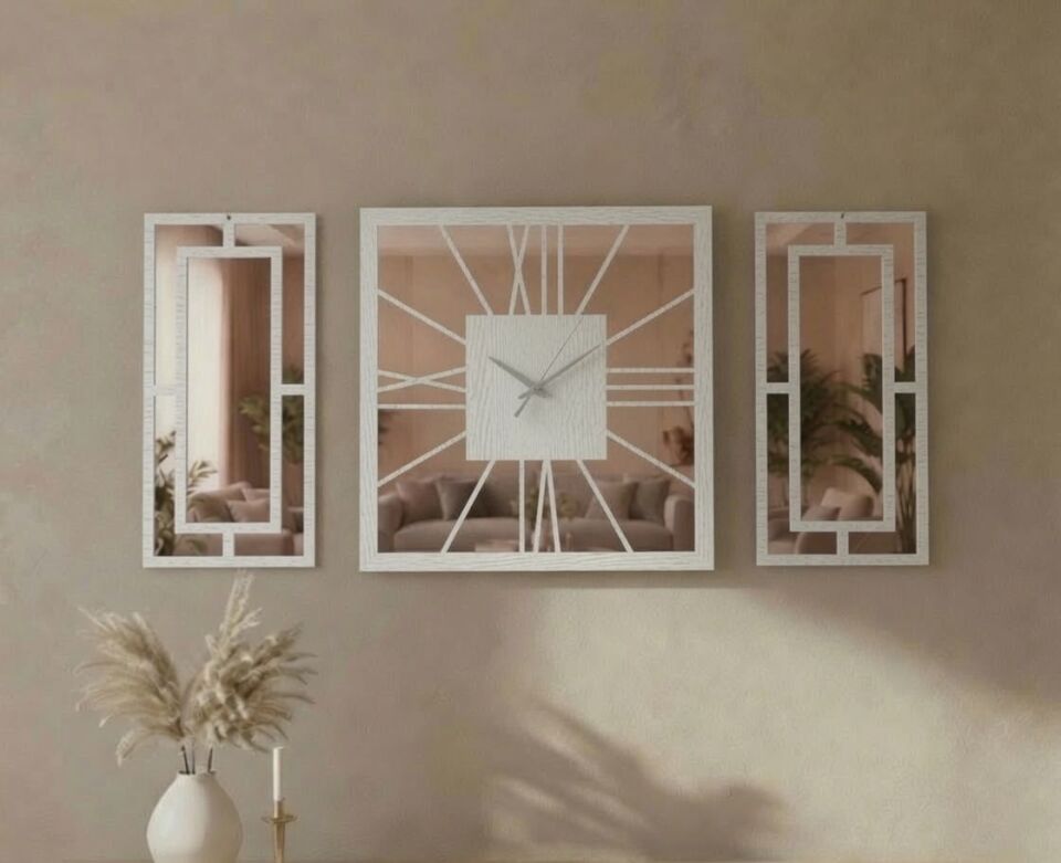 Beyaz Rose Gold Ayna Pleksi Detaylı Dekoratif Duvar Saati ve Panel Seti – 3 Parça | 40 cm Saat + 2 Adet 20x40 cm Panel
