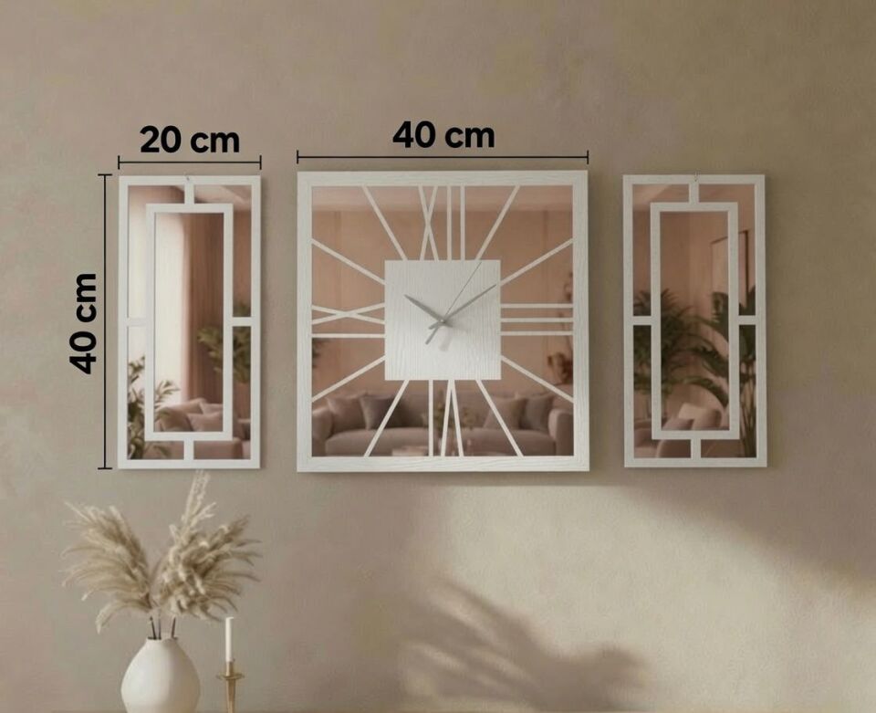 Beyaz Rose Gold Ayna Pleksi Detaylı Dekoratif Duvar Saati ve Panel Seti – 3 Parça | 40 cm Saat + 2 Adet 20x40 cm Panel