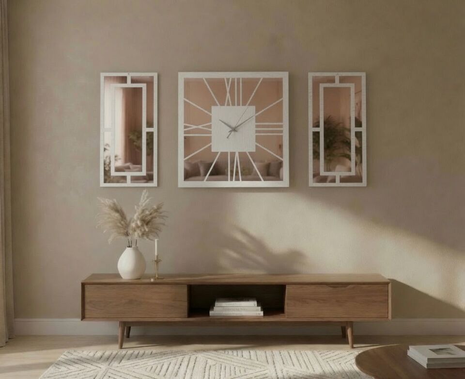 Beyaz Rose Gold Ayna Pleksi Detaylı Dekoratif Duvar Saati ve Panel Seti – 3 Parça | 40 cm Saat + 2 Adet 20x40 cm Panel