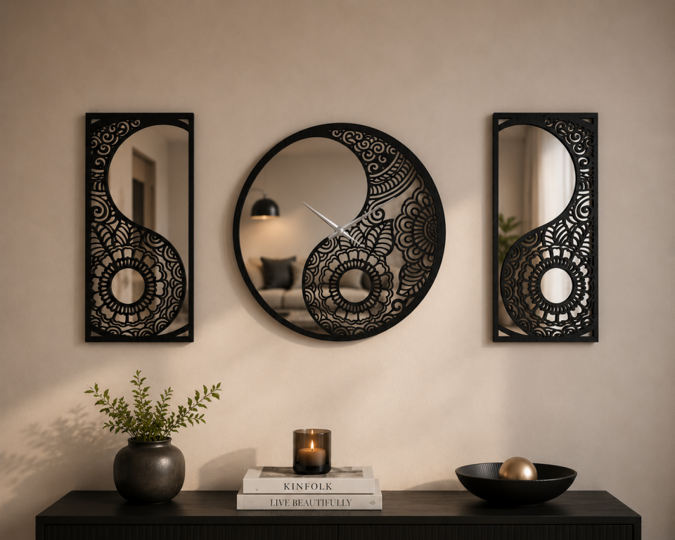 Ergeç Tasarım Denge Serisi Yin Yang Aynalı Pleksi Dekoratif Duvar Saati ve Panel Seti