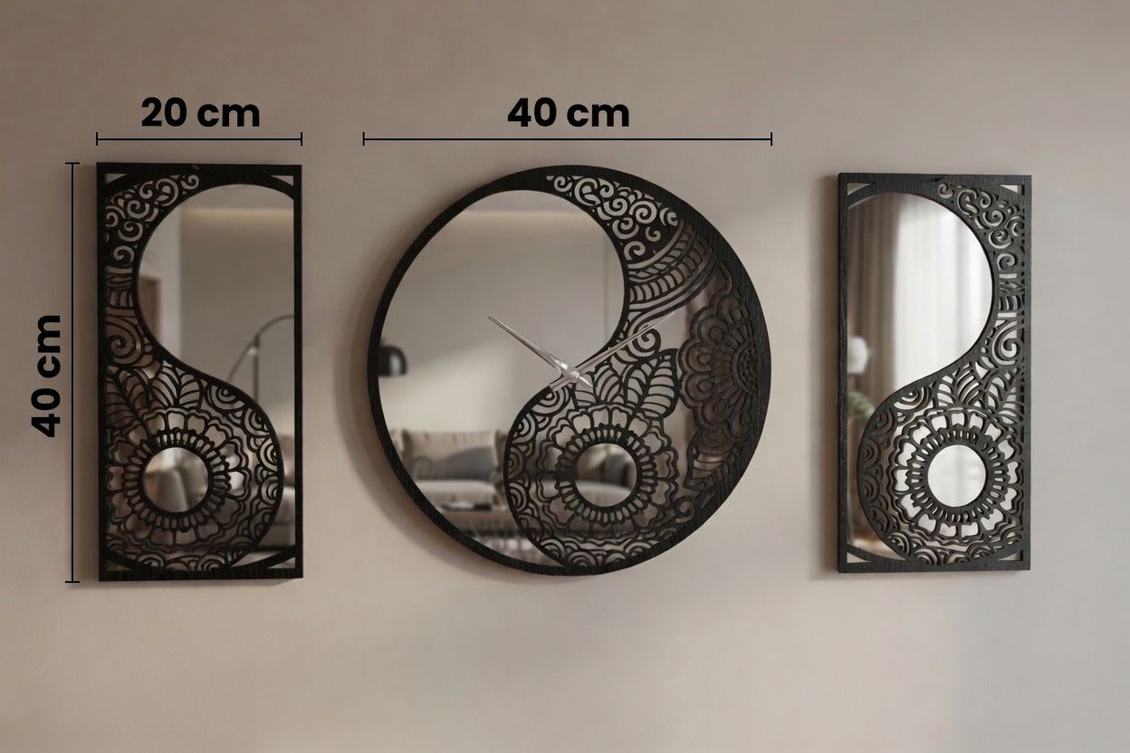 Ergeç Tasarım Denge Serisi Yin Yang Aynalı Pleksi Dekoratif Duvar Saati ve Panel Seti