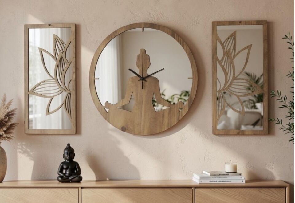 Ergeç Tasarım Lotus Meditasyon Aynalı Pleksi Dekoratif Duvar Saati ve Panel Seti | 3 Parça | 40 cm