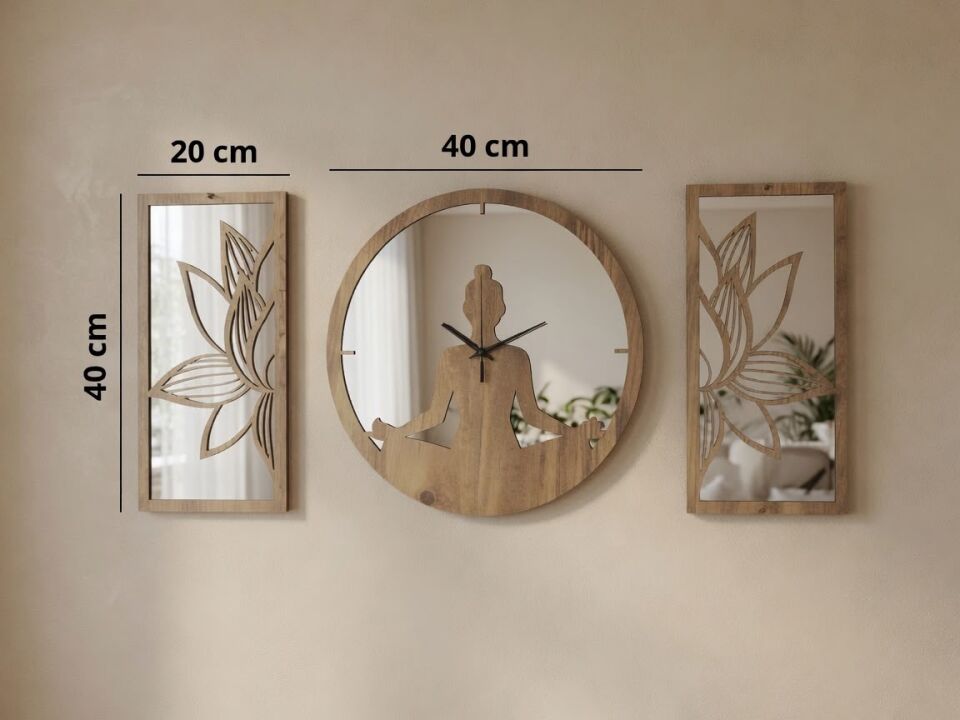 Ergeç Tasarım Lotus Meditasyon Aynalı Pleksi Dekoratif Duvar Saati ve Panel Seti | 3 Parça | 40 cm