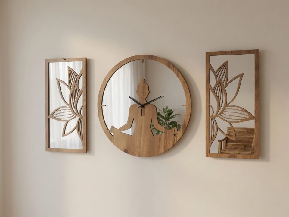 Ergeç Tasarım Lotus Meditasyon Aynalı Pleksi Dekoratif Duvar Saati ve Panel Seti | 3 Parça | 40 cm
