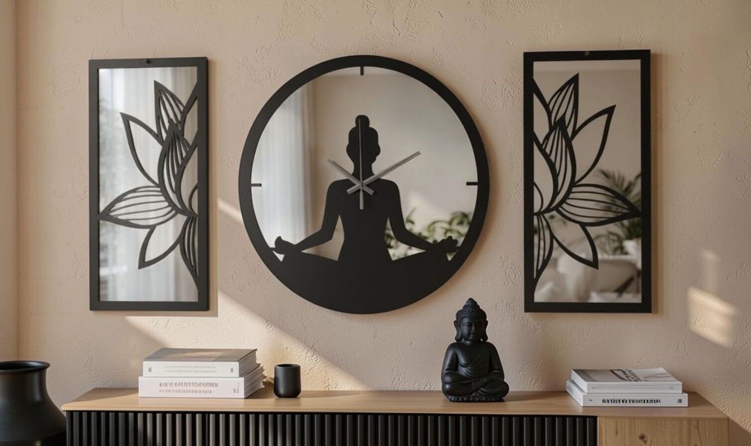 Ergeç Tasarım Lotus Meditasyon Aynalı Pleksi Dekoratif Duvar Saati ve Panel Seti | 3 Parça | 40 cm