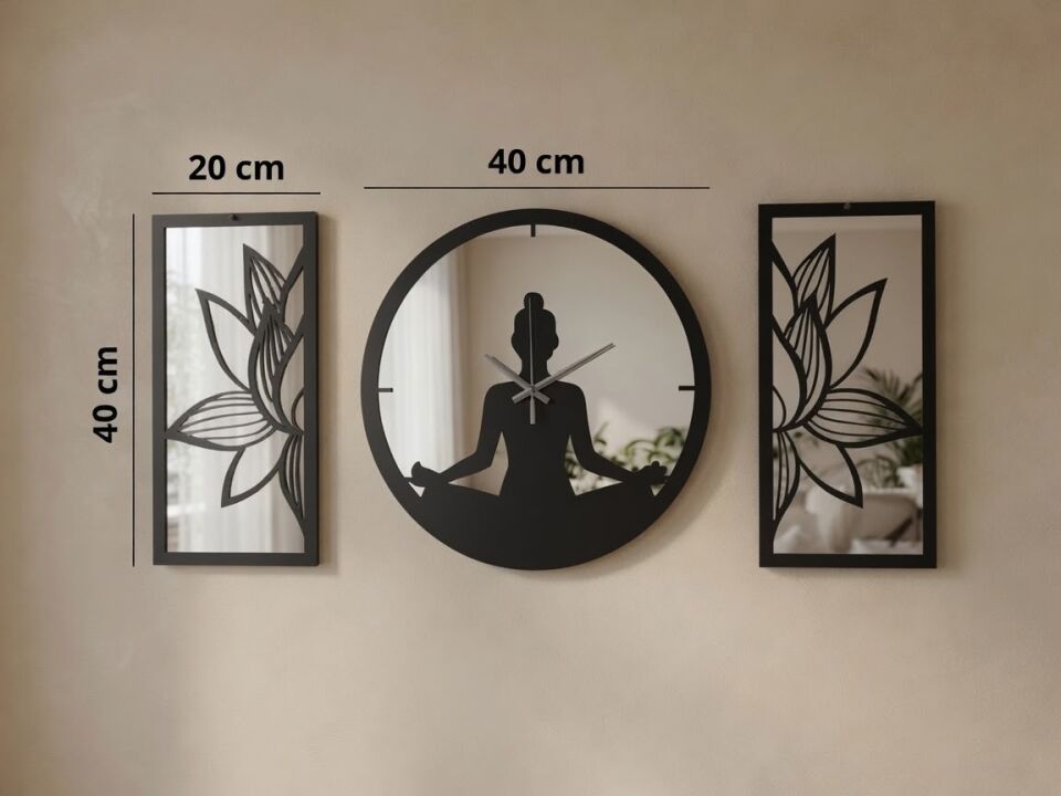 Ergeç Tasarım Lotus Meditasyon Aynalı Pleksi Dekoratif Duvar Saati ve Panel Seti | 3 Parça | 40 cm