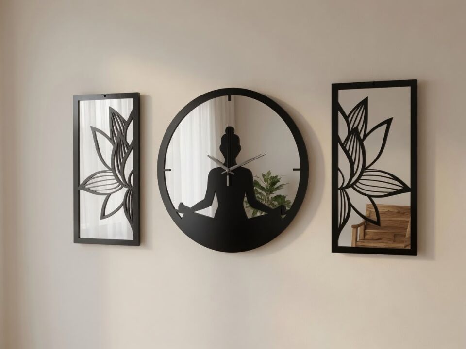 Ergeç Tasarım Lotus Meditasyon Aynalı Pleksi Dekoratif Duvar Saati ve Panel Seti | 3 Parça | 40 cm
