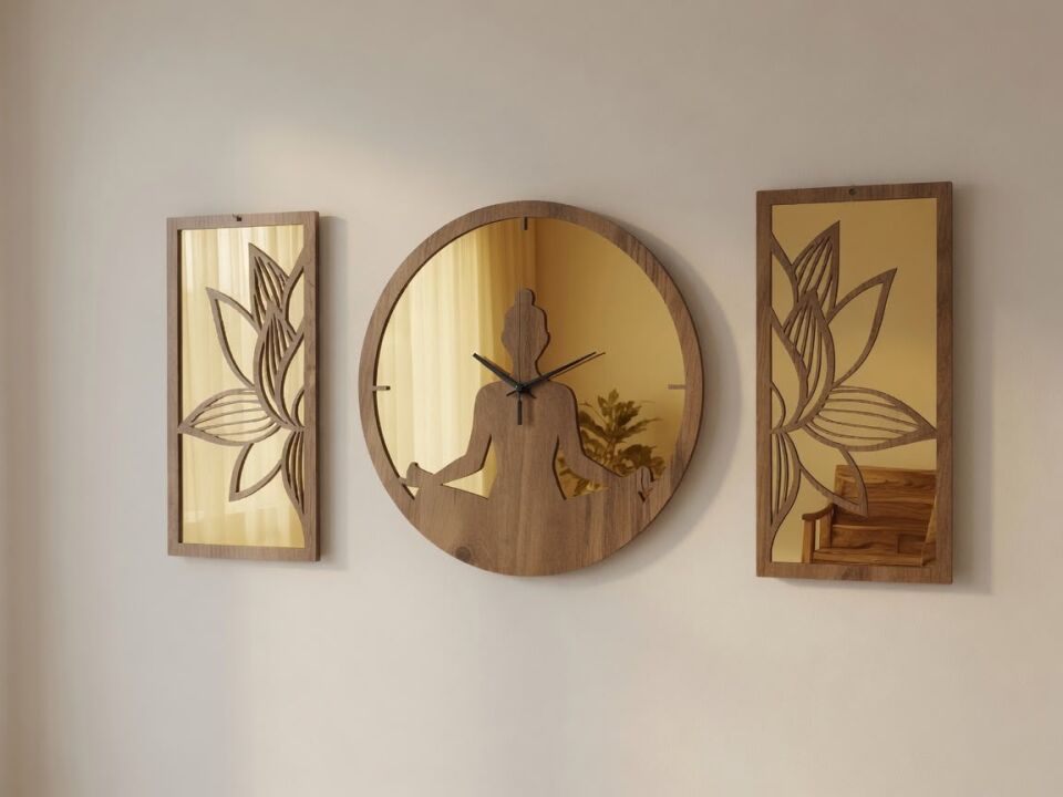 Ergeç Tasarım Lotus Meditasyon Gold Aynalı Pleksi Dekoratif Duvar Saati ve Panel Seti | 3 Parça | 40 cm