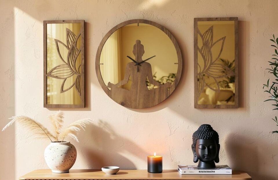 Ergeç Tasarım Lotus Meditasyon Gold Aynalı Pleksi Dekoratif Duvar Saati ve Panel Seti | 3 Parça | 40 cm