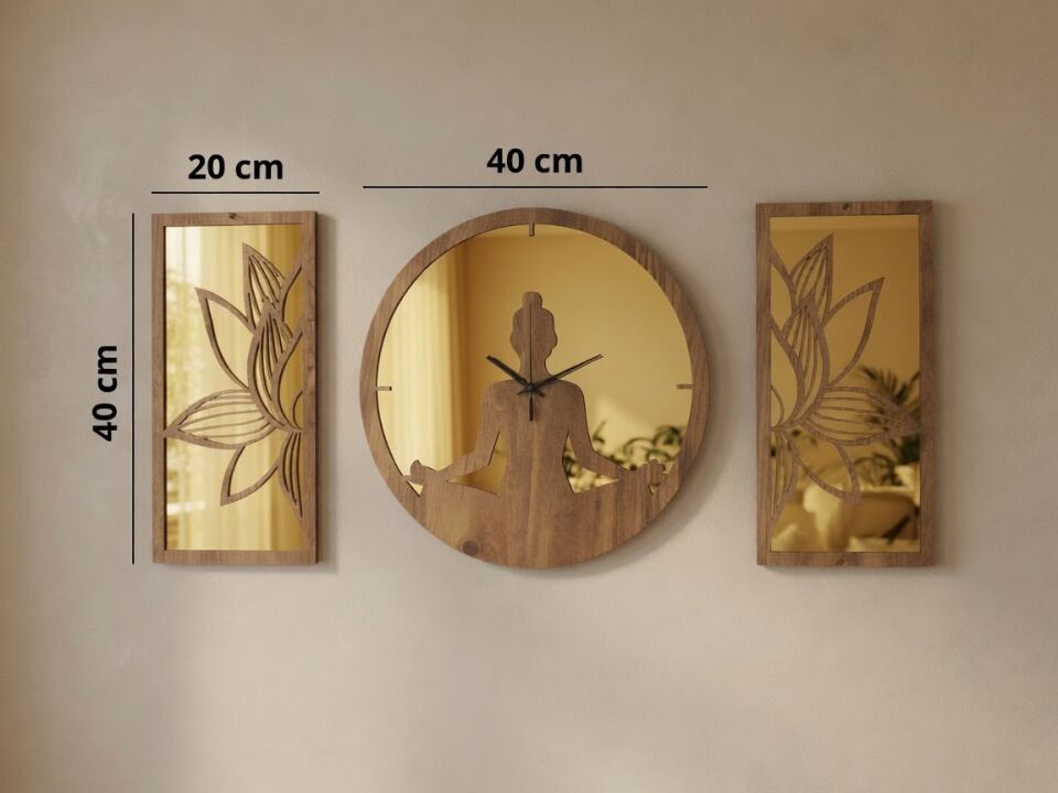 Ergeç Tasarım Lotus Meditasyon Gold Aynalı Pleksi Dekoratif Duvar Saati ve Panel Seti | 3 Parça | 40 cm