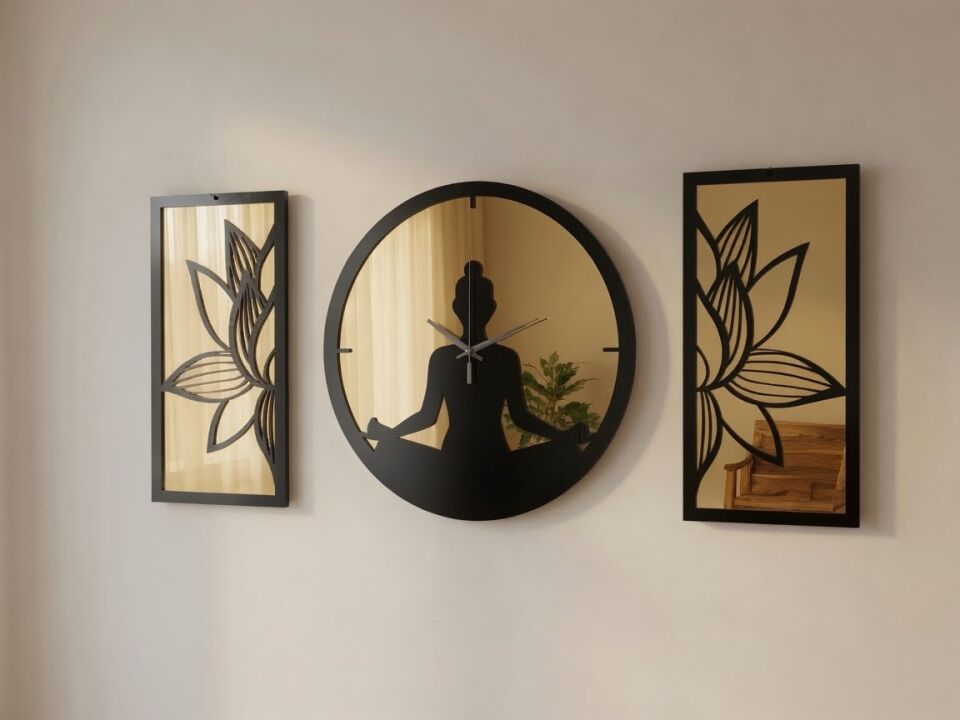 Ergeç Tasarım Lotus Meditasyon Gold Aynalı Pleksi Dekoratif Duvar Saati ve Panel Seti | 3 Parça | 40 cm