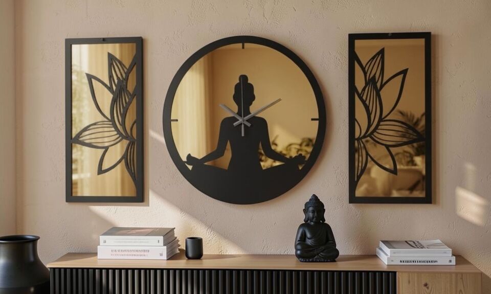Ergeç Tasarım Lotus Meditasyon Gold Aynalı Pleksi Dekoratif Duvar Saati ve Panel Seti | 3 Parça | 40 cm