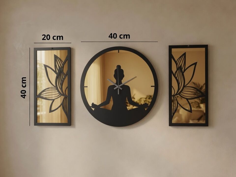 Ergeç Tasarım Lotus Meditasyon Gold Aynalı Pleksi Dekoratif Duvar Saati ve Panel Seti | 3 Parça | 40 cm